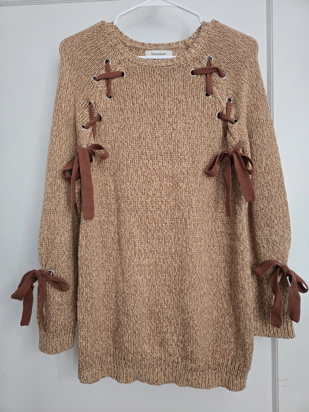 Francesca's Camel Brown Bow Tie-Accent Coquette Knit Sweater